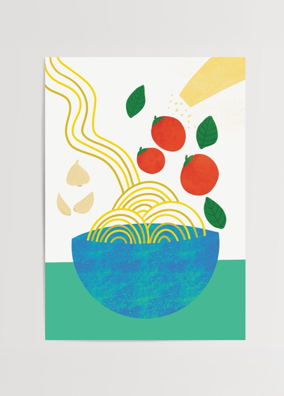 Vibrant Pasta Ritual Poster Print showcasing pasta and tomatoes in a bowl.
