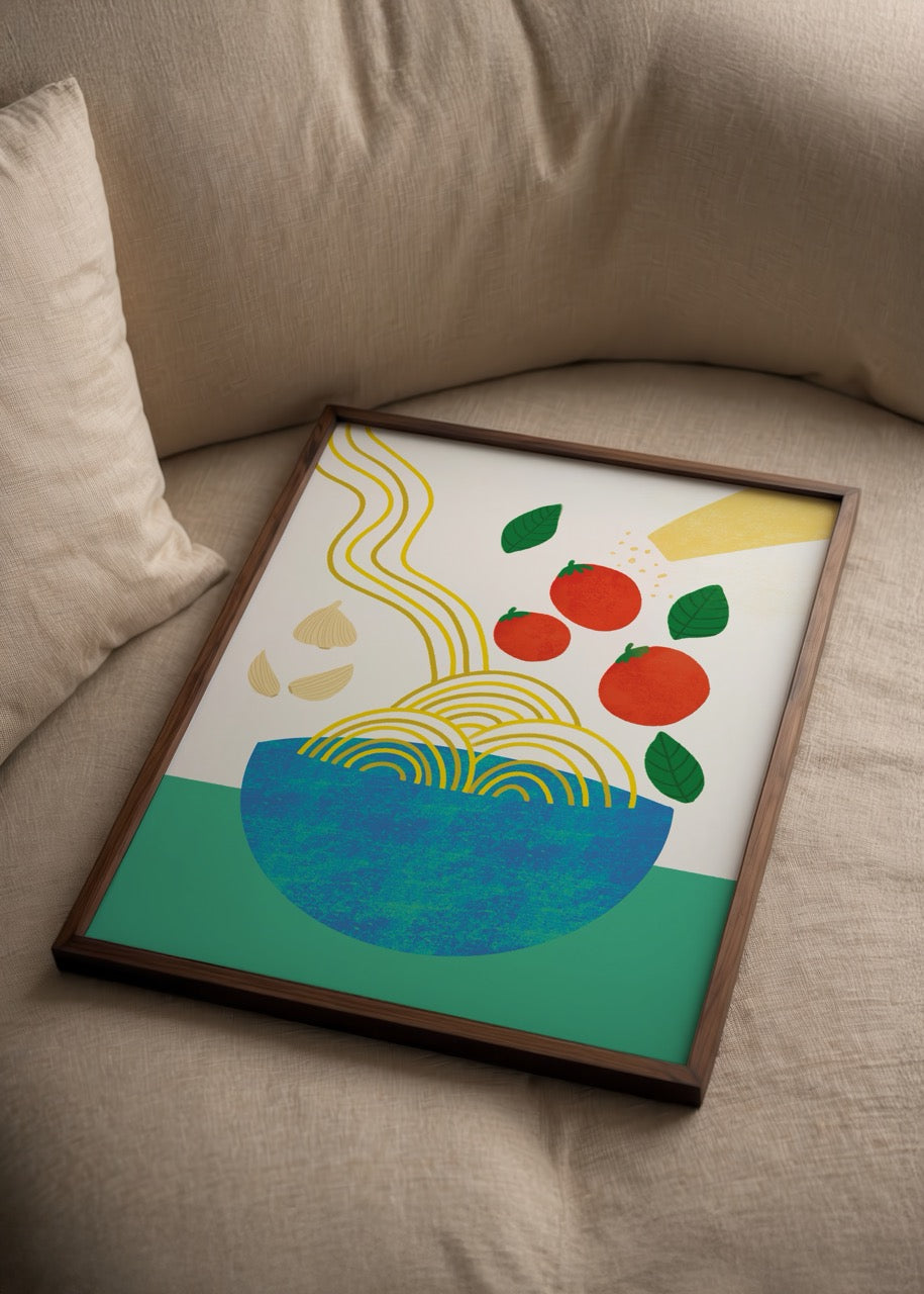 Vibrant Pasta Ritual Poster Print showcasing pasta and tomatoes in a bowl.