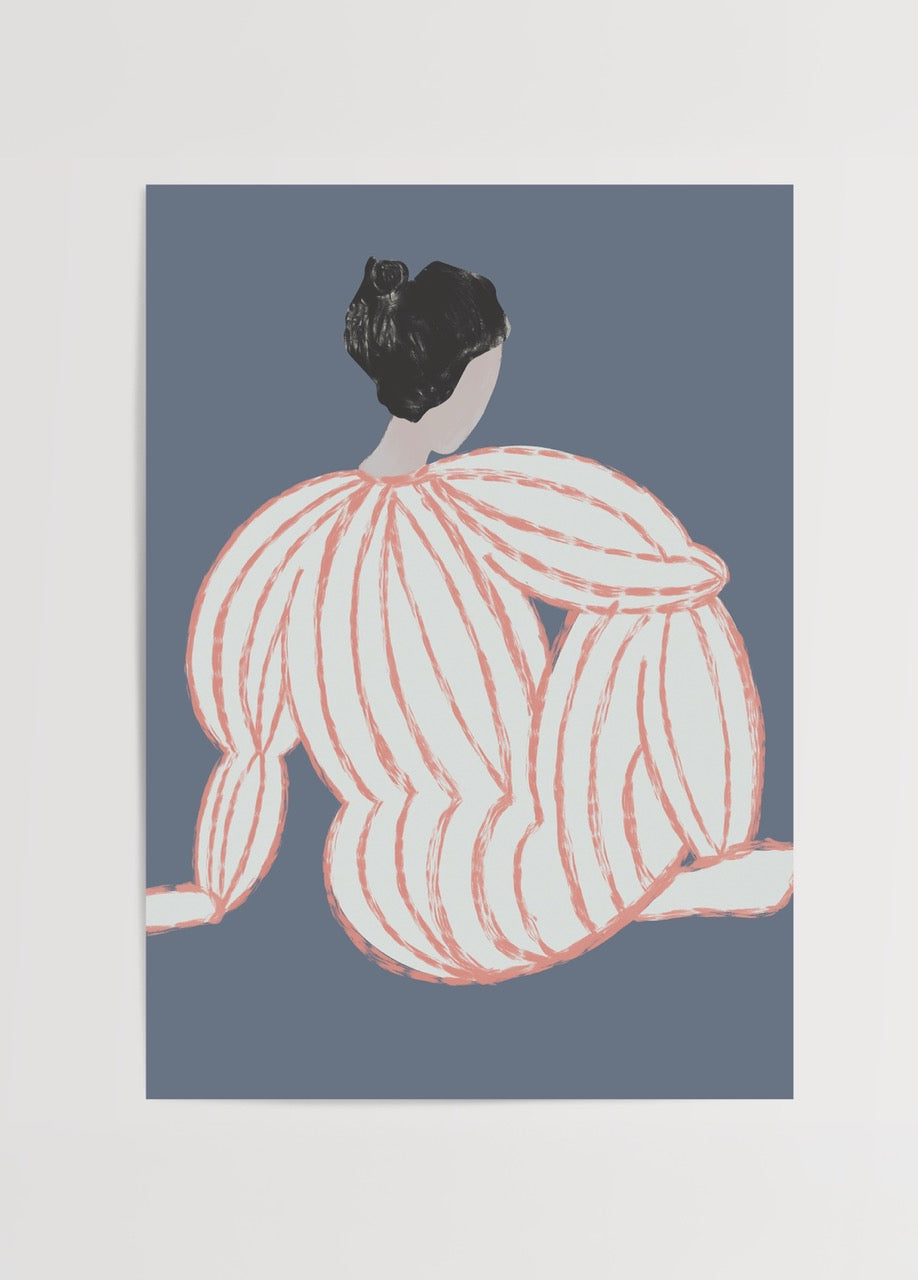 Contemporary art print of a woman in pastel lines with a dark background