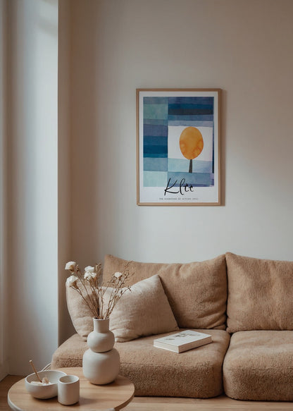 Vibrant wall art print featuring an orange sun against blue hues, capturing autumn&