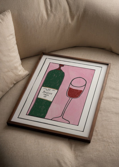 Illustrative poster featuring a wine bottle and glass on a pink background.