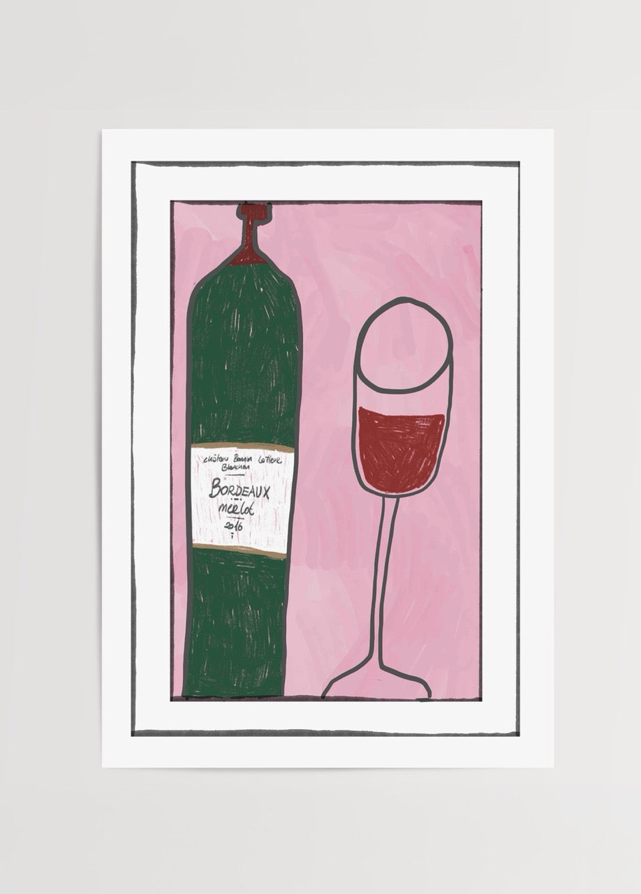 Illustrative poster featuring a wine bottle and glass on a pink background.