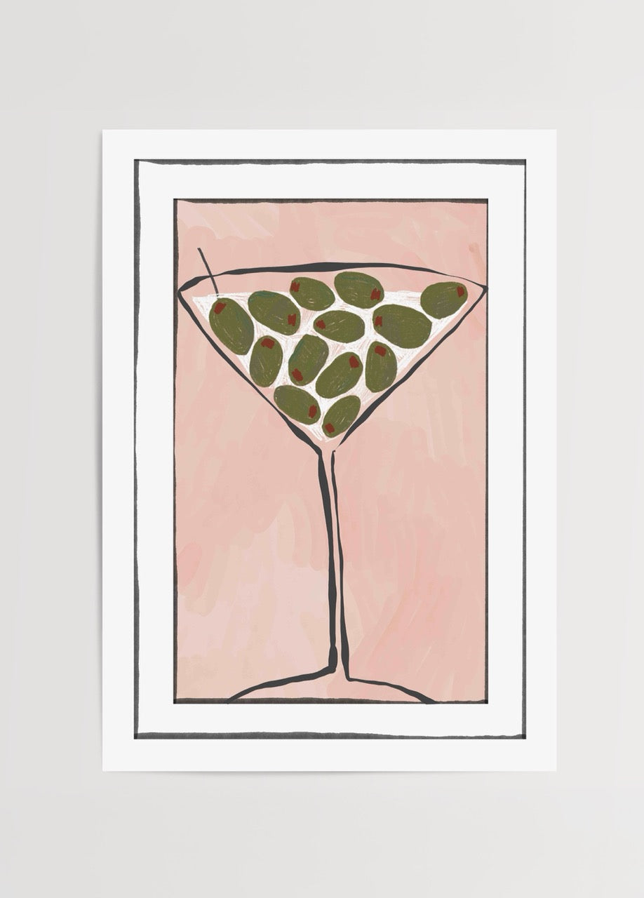 Illustration of a martini glass with olives on a pink background.