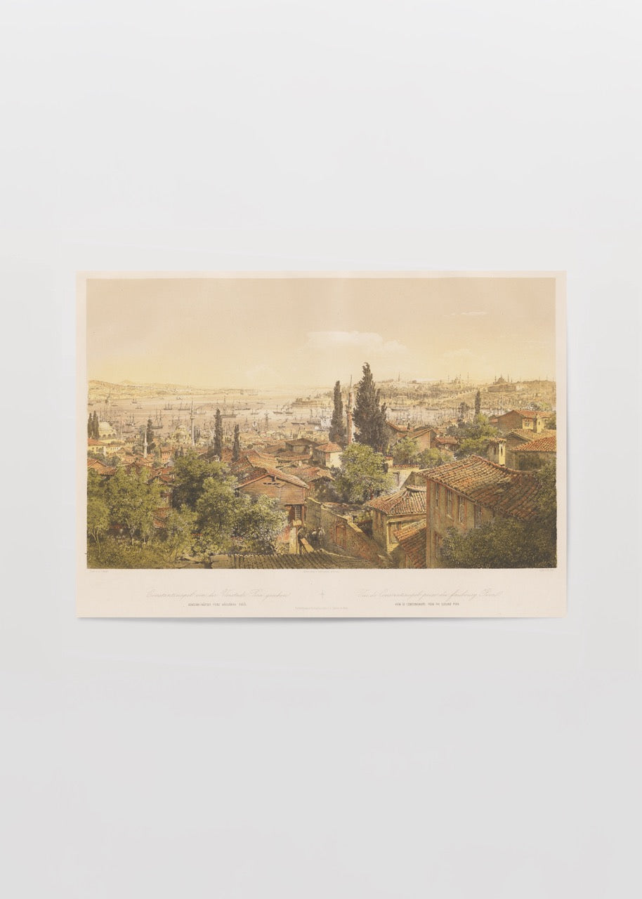 A stunning vintage poster depicting a view over Istanbul cityscape with rooftops and greenery.