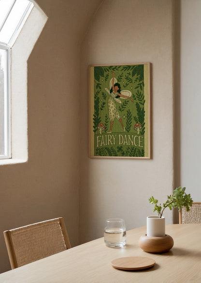 Whimsical Fairy Dance Poster Print featuring a dancing fairy surrounded by greenery.