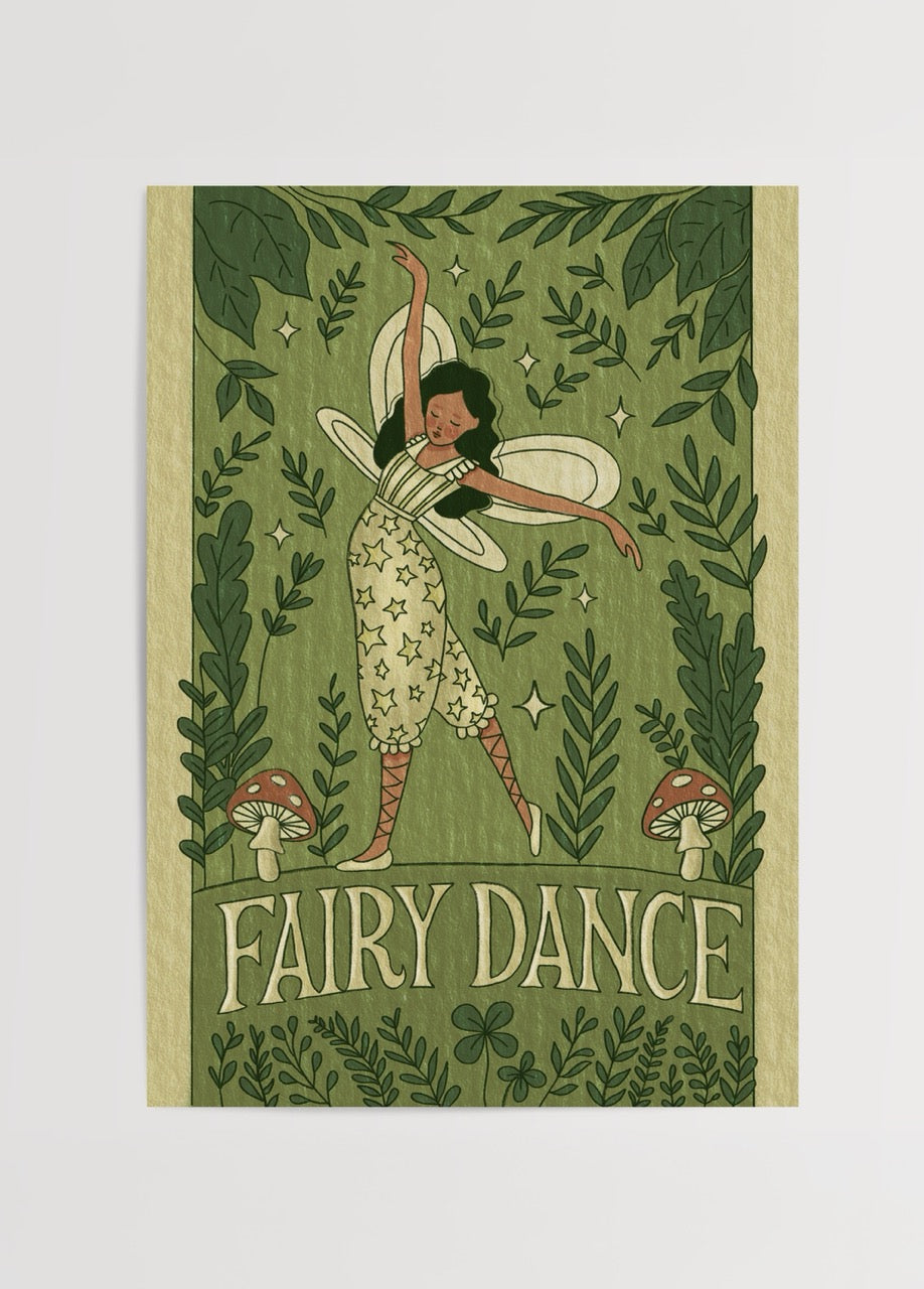 Whimsical Fairy Dance Poster Print featuring a dancing fairy surrounded by greenery.