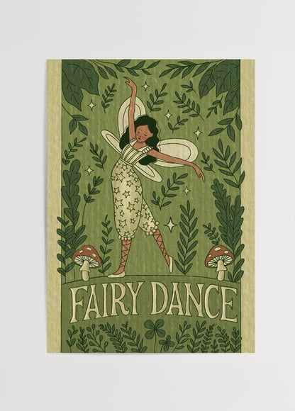 Whimsical Fairy Dance Poster Print featuring a dancing fairy surrounded by greenery.