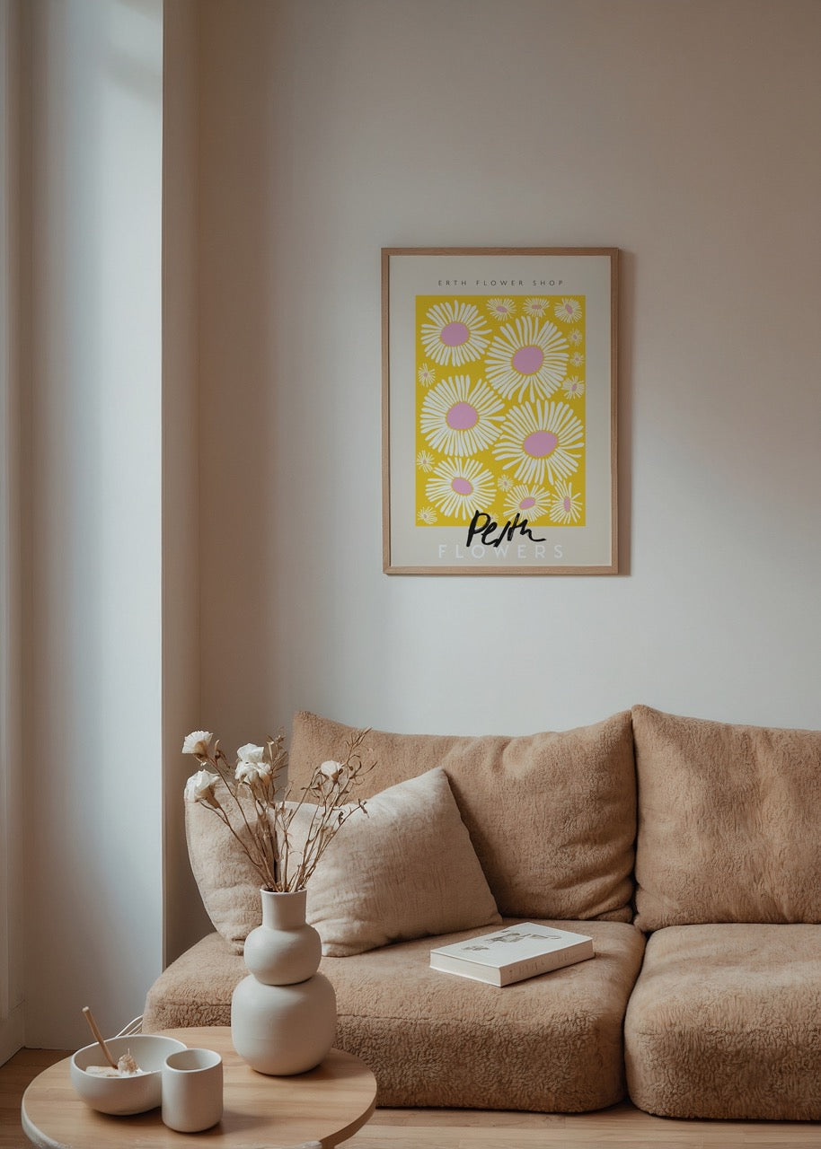 Vibrant floral poster featuring yellow and pink flowers, perfect for brightening up any interior.