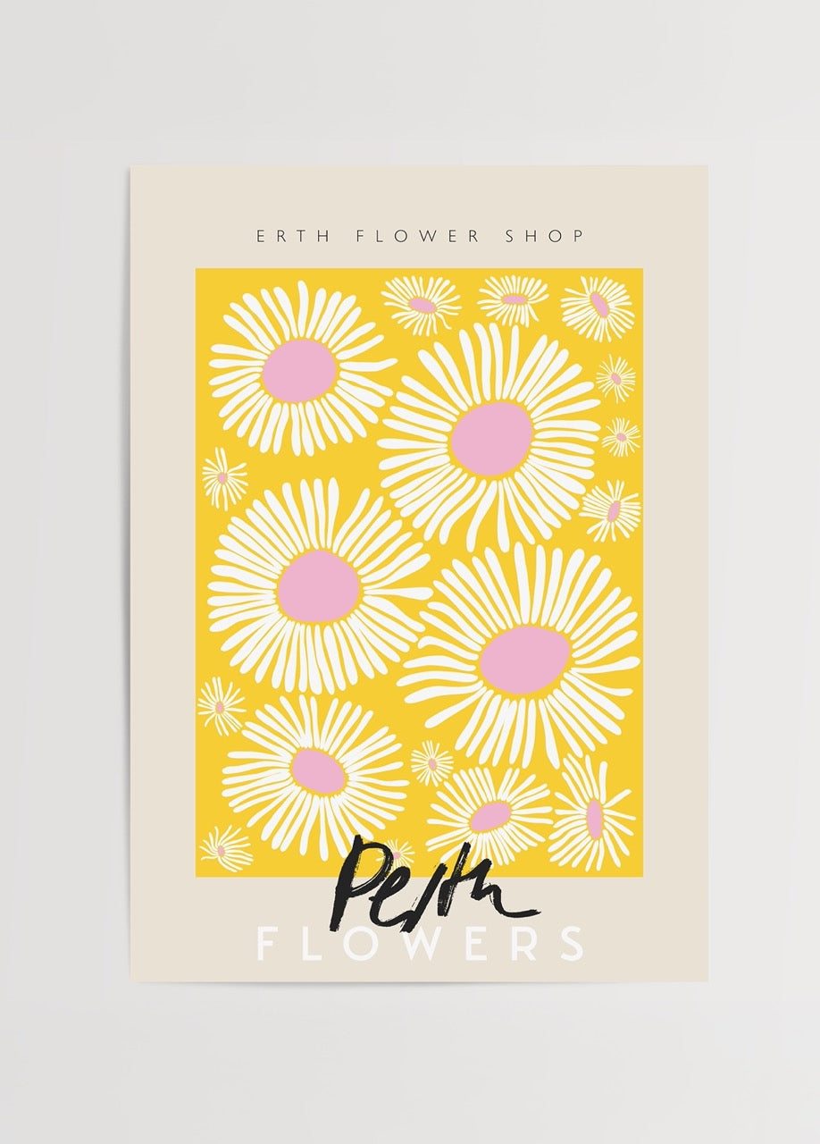 Vibrant floral poster featuring yellow and pink flowers, perfect for brightening up any interior.