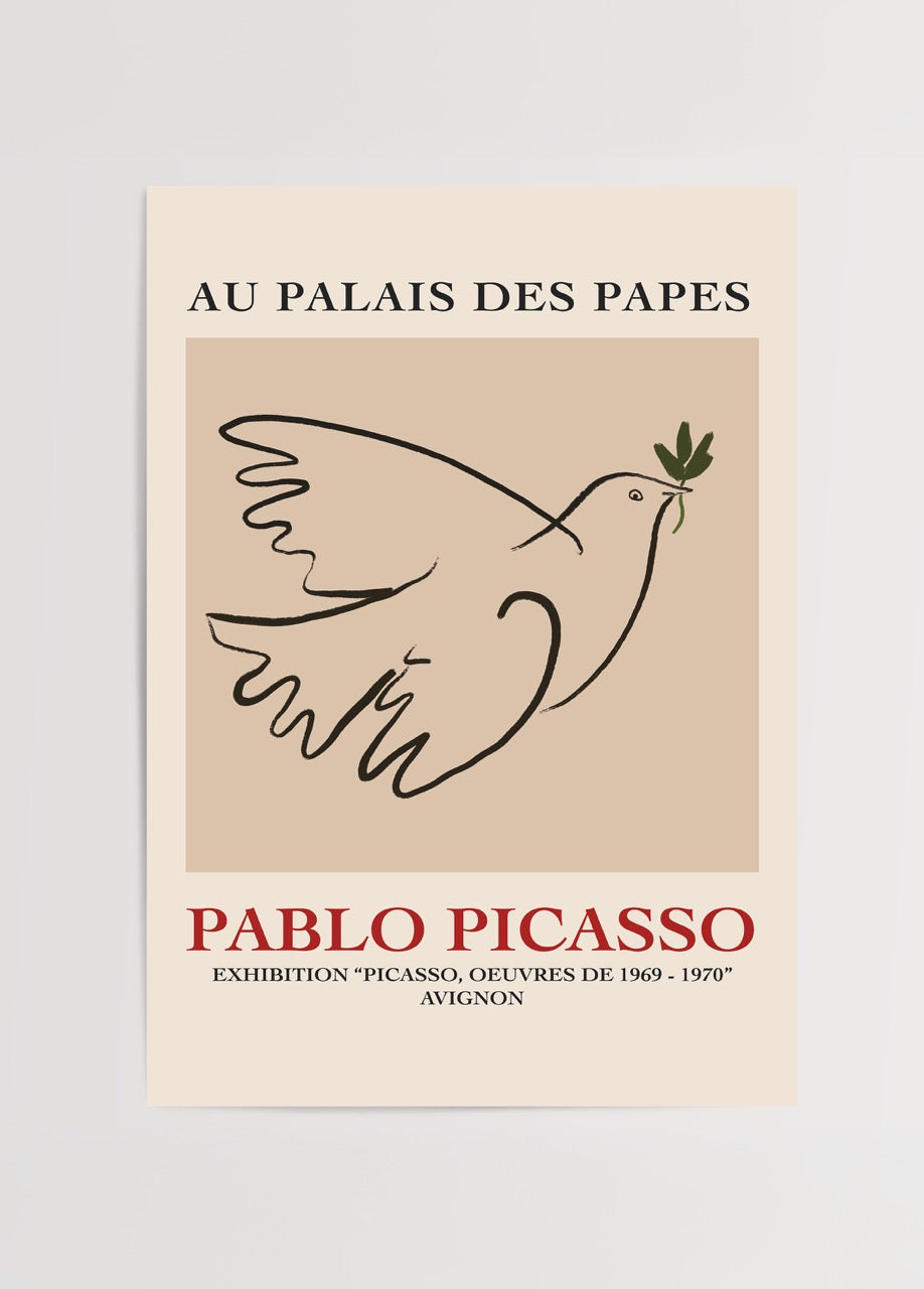 Minimalist dove illustration with olive branch on beige background.