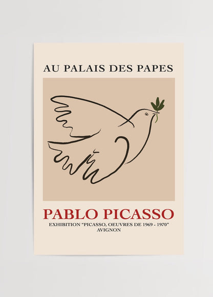 Minimalist dove illustration with olive branch on beige background.