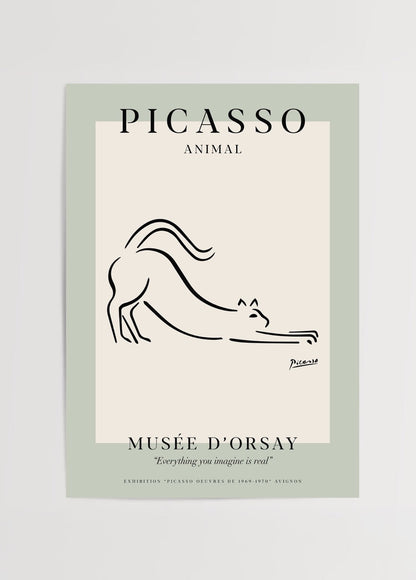 Elegant line art poster of a stretching pet in minimalist style