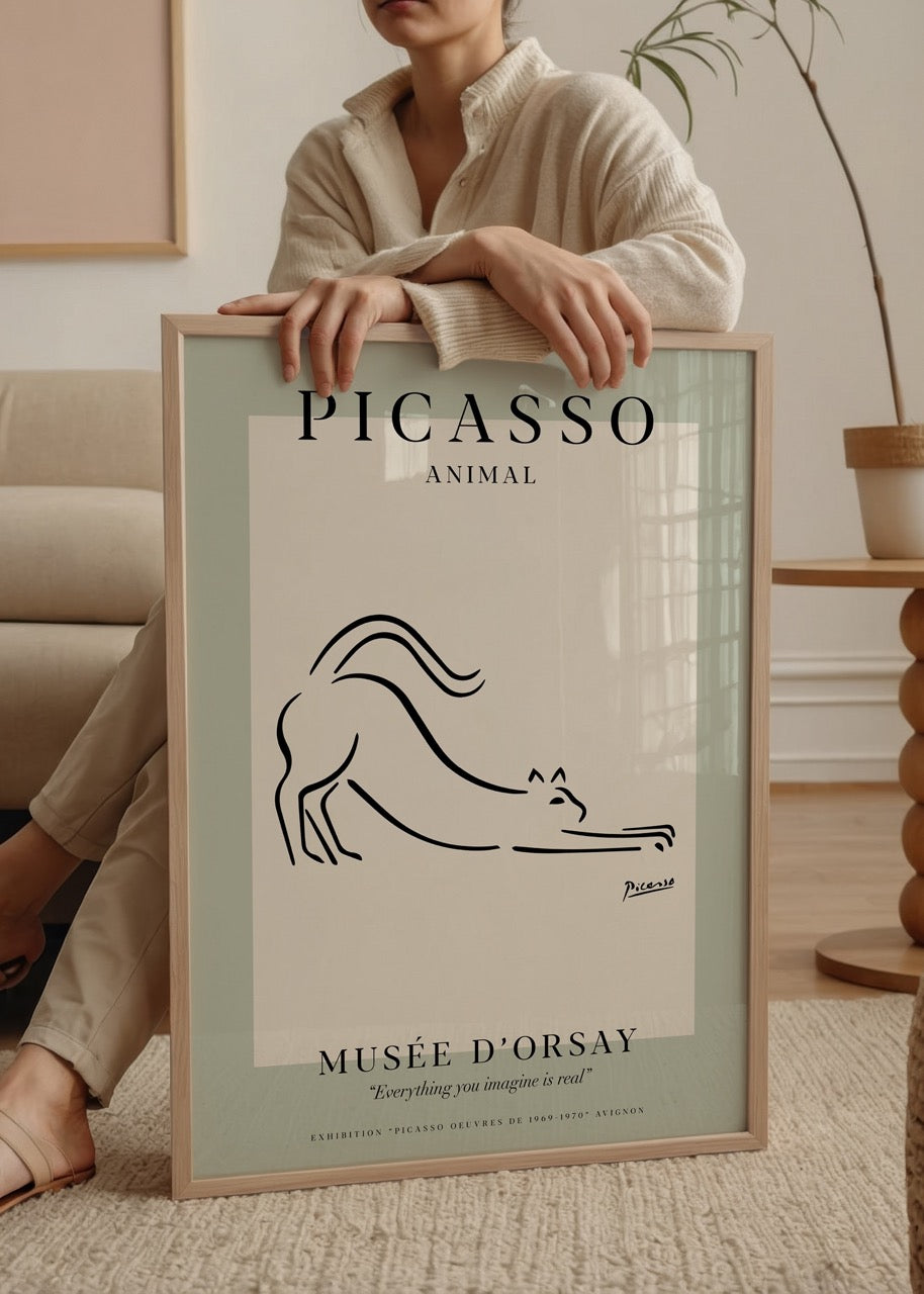 Elegant line art poster of a stretching pet in minimalist style