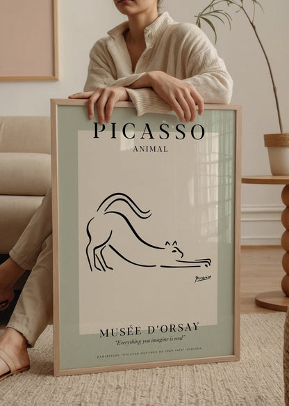 Elegant line art poster of a stretching pet in minimalist style