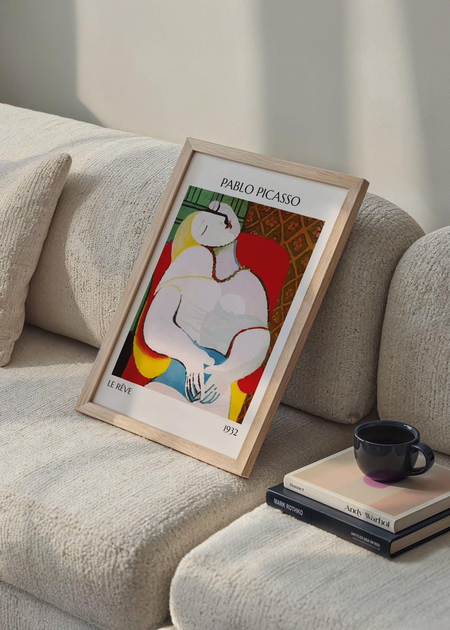 Vibrant wall art print depicting a reclining figure in bold colours.