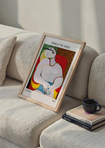 Vibrant wall art print depicting a reclining figure in bold colours.