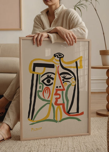 Vibrant abstract portrait wall art featuring bold lines and colours.