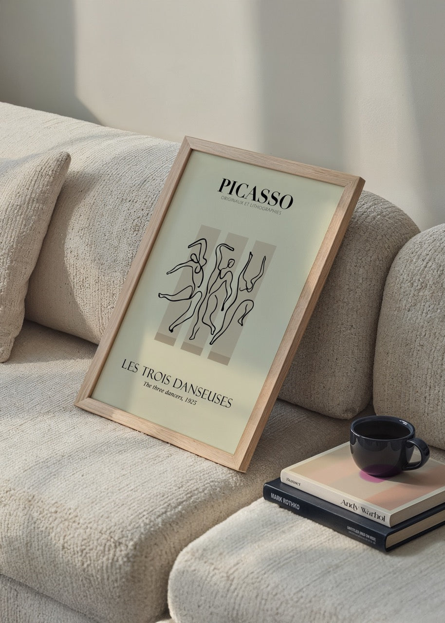 Dynamic Dance Trio art print featuring minimalist line work in a premium style.