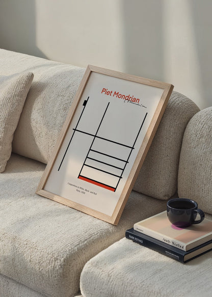 Geometric art poster in red, black and white, showcasing modern composition.
