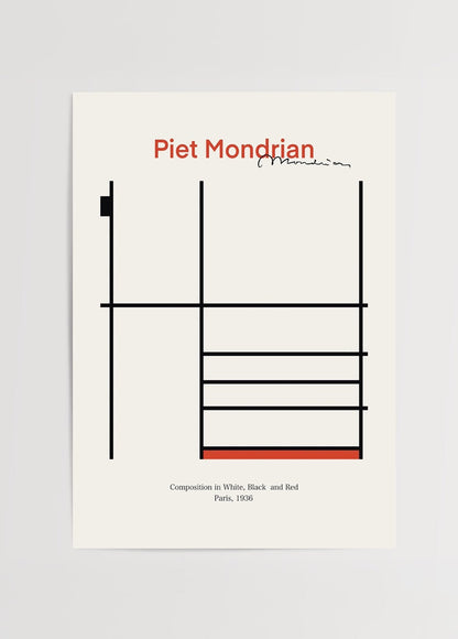 Geometric art poster in red, black and white, showcasing modern composition.