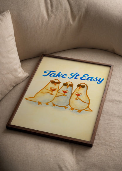 Three playful pigeons in sunglasses enjoying cocktails on a light background.