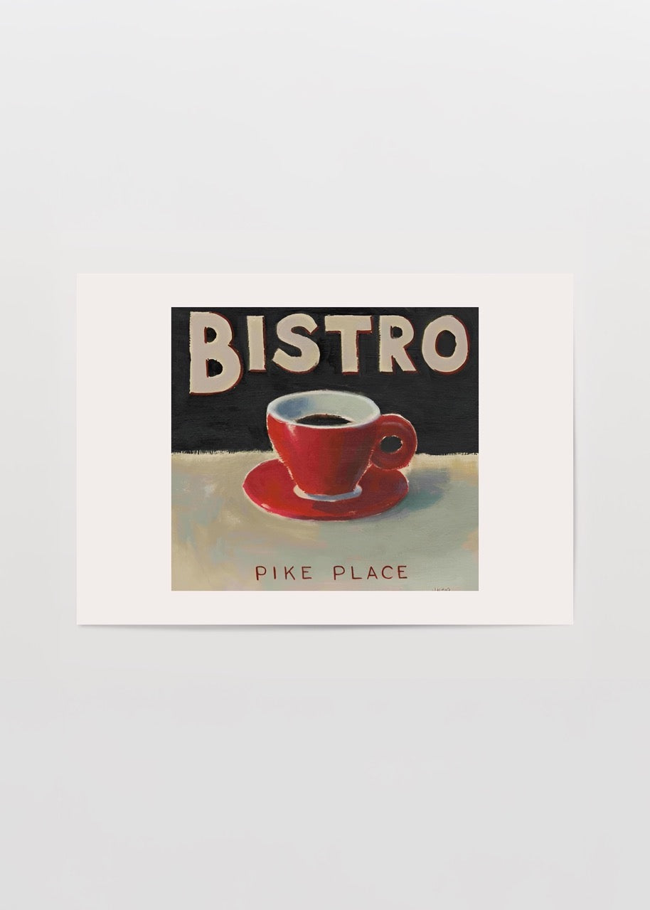 Pike Place Bistro Coffee Art Print featuring a red cup and retro typography.