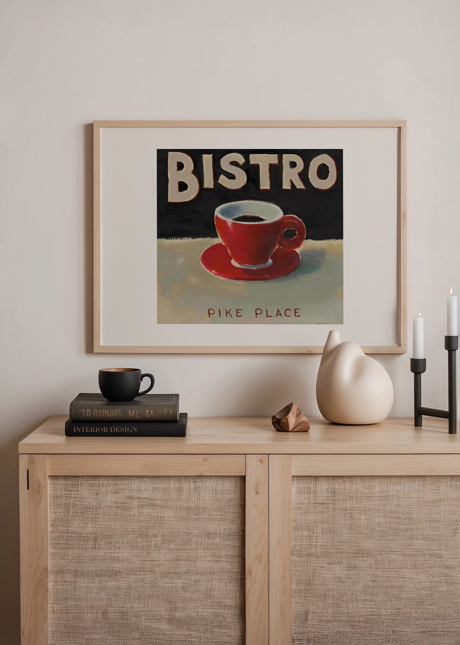 Pike Place Bistro Coffee Art Print featuring a red cup and retro typography.