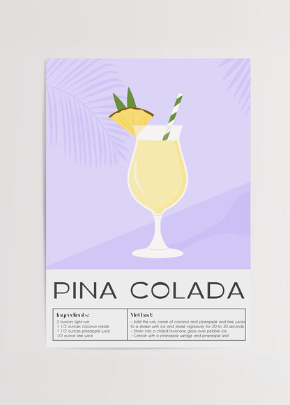 A vibrant illustration of a Pina Colada cocktail in a glass with tropical accents.