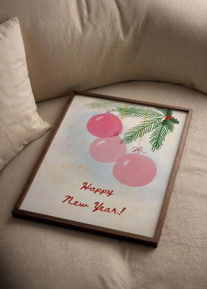 Pink Poster Print featuring festive ornaments and greenery.