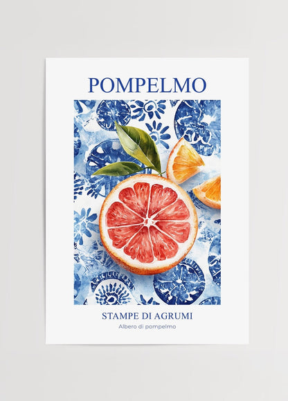 Vibrant grapefruit artwork with blue floral backdrop for kitchen decor.