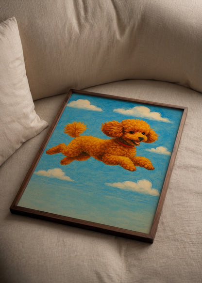A playful poodle leaps joyfully among fluffy clouds in a blue sky.