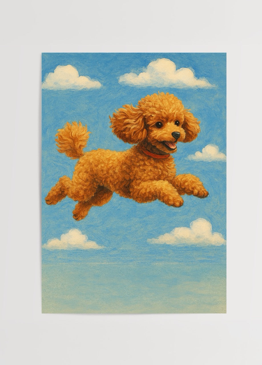 A playful poodle leaps joyfully among fluffy clouds in a blue sky.