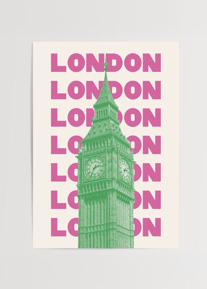 Vibrant Big Ben wall art featuring bold typography and colours.