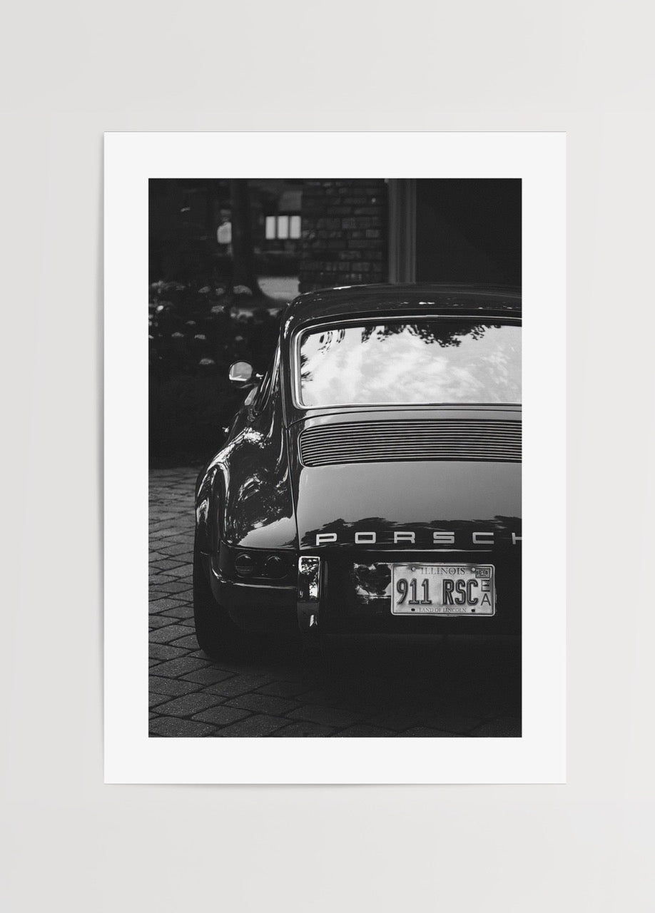 Vintage Porsche 911 wall art print in black and white