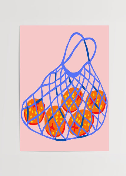 A vibrant art print of a netted basket filled with oranges on a pink background.