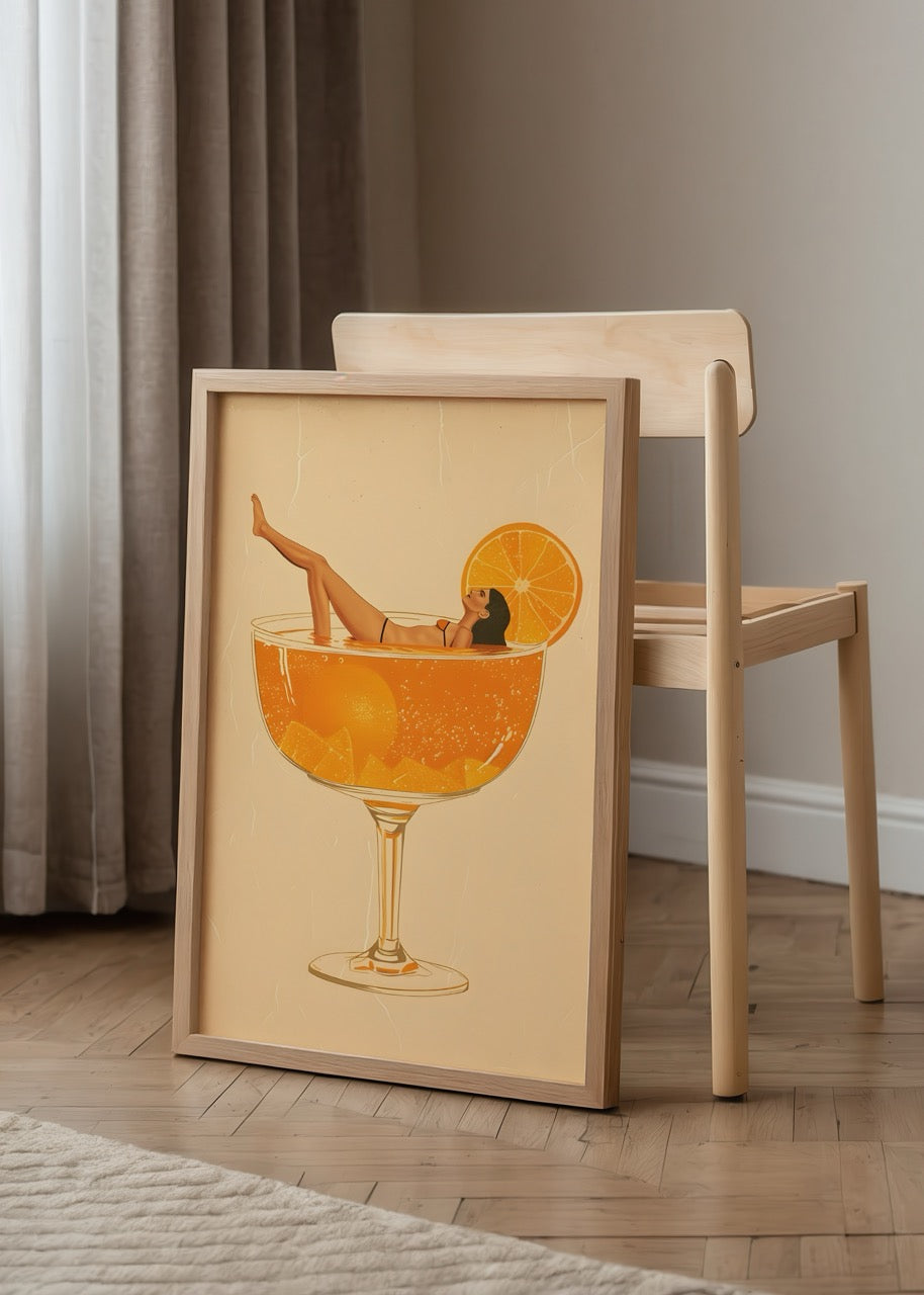 Illustration of a tropical cocktail with a woman relaxing inside, evoking summer vibes.