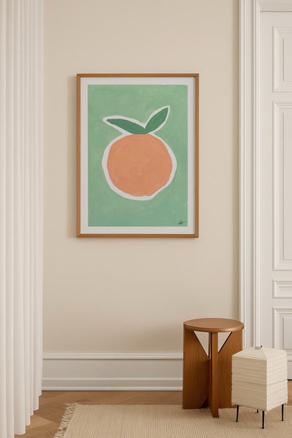 A vibrant orange fruit illustration on a pastel green background.