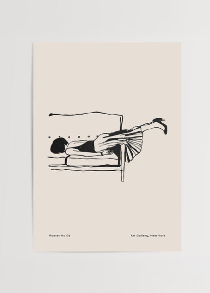 Minimalist wall art featuring a figure reclining on a sofa.
