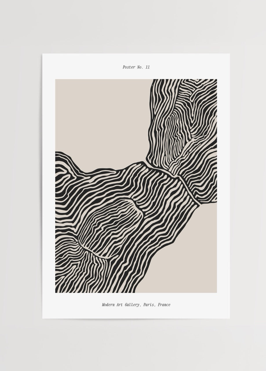 Geometric black and beige abstract art print featuring intricate lines.
