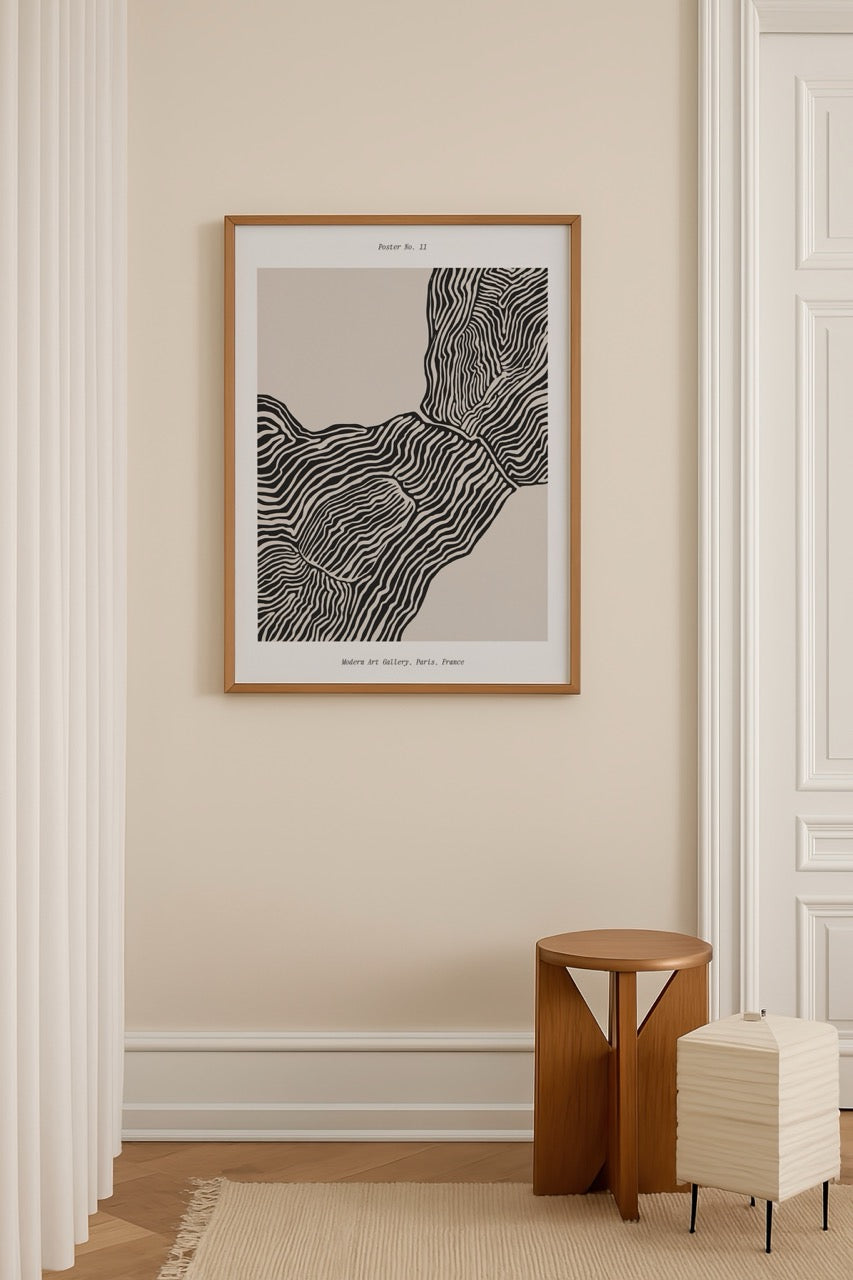 Geometric black and beige abstract art print featuring intricate lines.