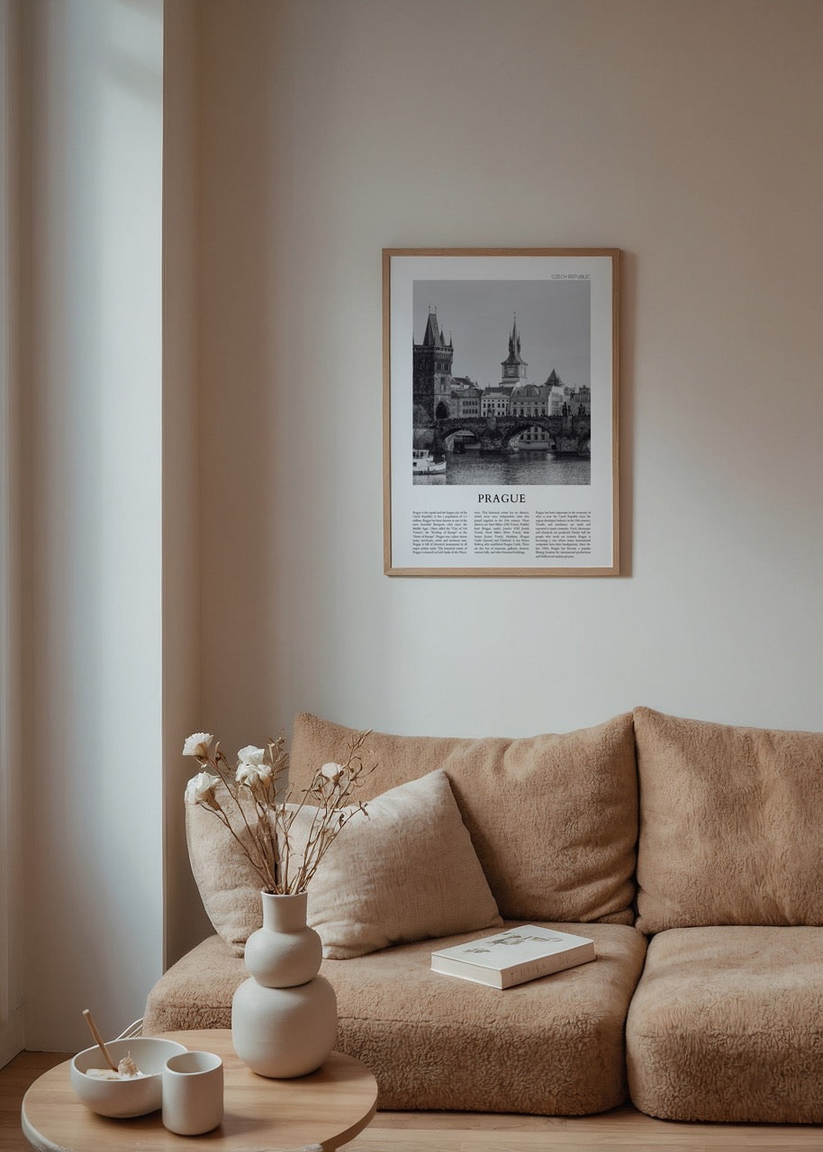Black and white Prague cityscape print showcasing historic architecture.