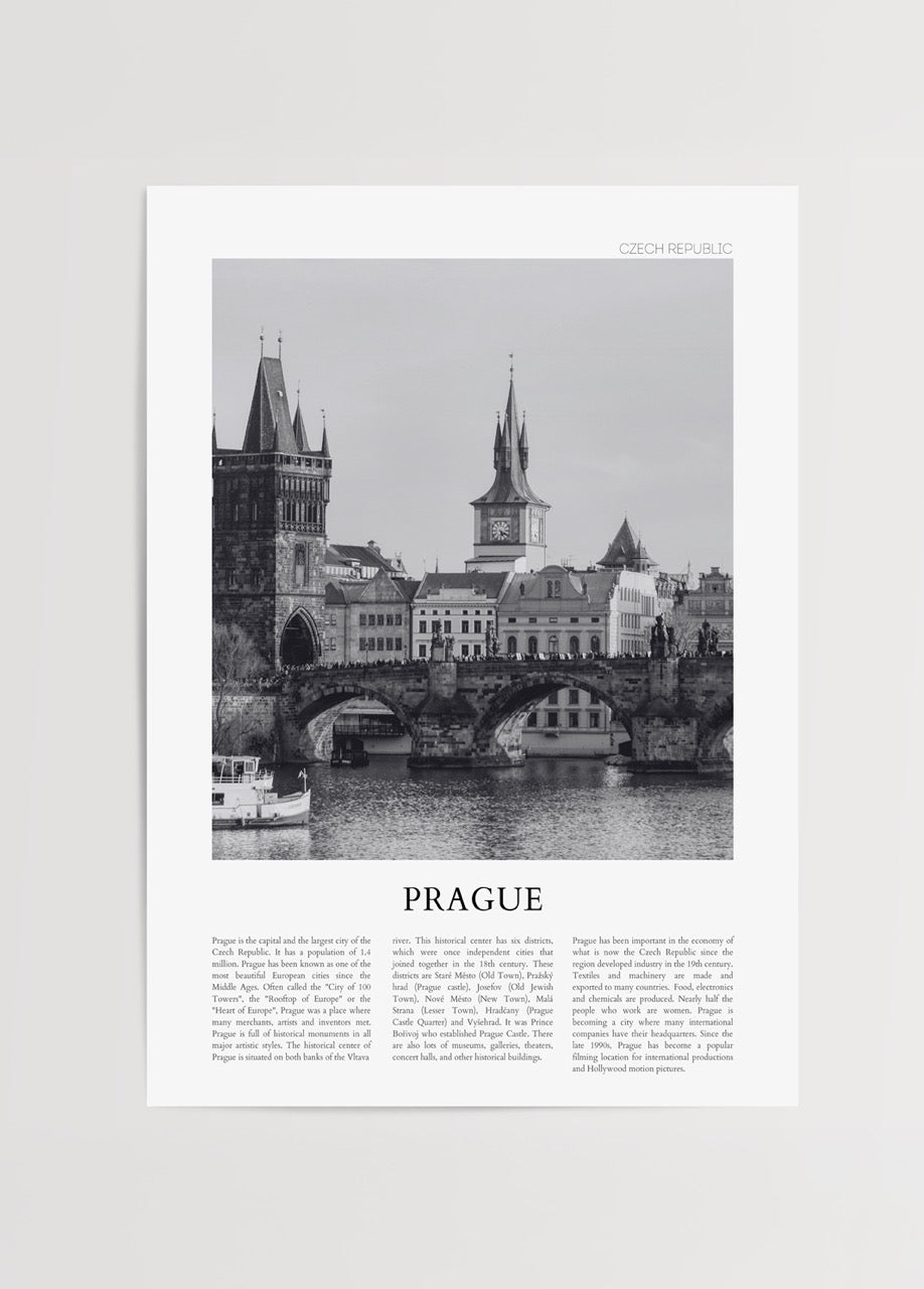 Black and white Prague cityscape print showcasing historic architecture.