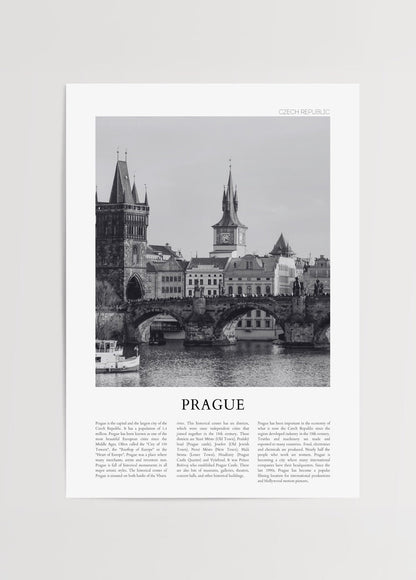 Black and white Prague cityscape print showcasing historic architecture.