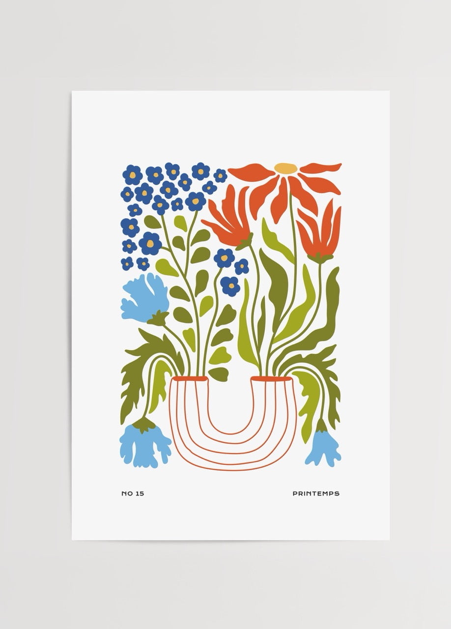 Vibrant spring blossom illustration with various flowers in a modern vase.