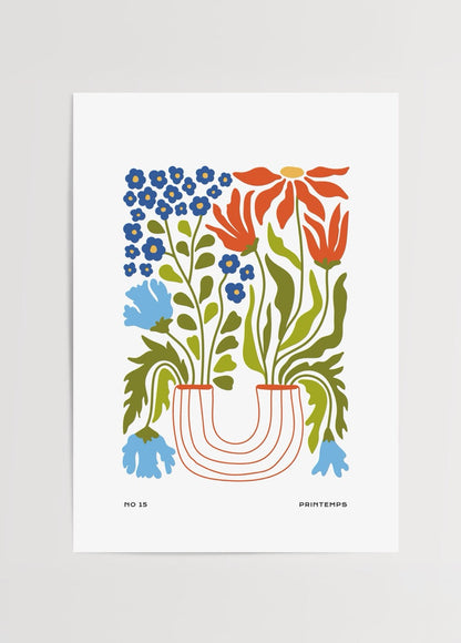 Vibrant spring blossom illustration with various flowers in a modern vase.