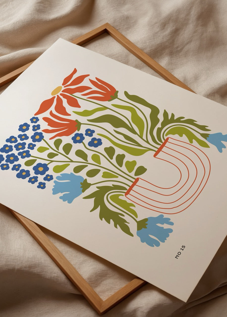 Vibrant spring blossom illustration with various flowers in a modern vase.