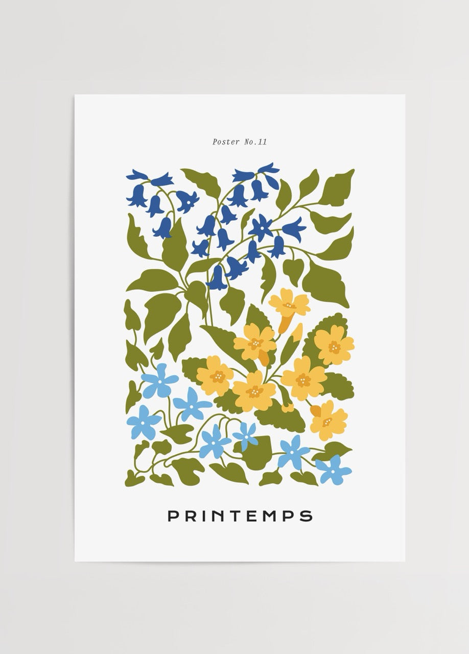 Spring Blossom Harmony Poster featuring vibrant blue and yellow flowers against a white background.