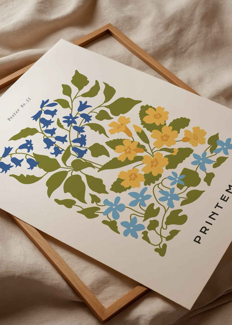 Spring Blossom Harmony Poster featuring vibrant blue and yellow flowers against a white background.