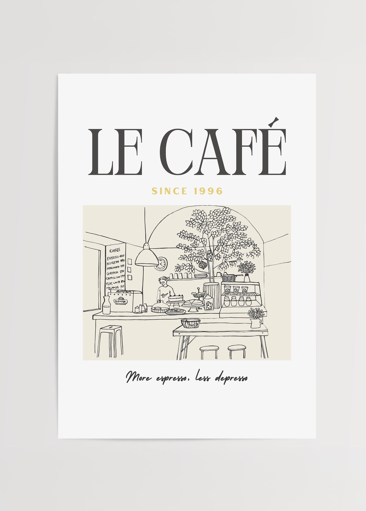 Minimalist line art of a café scene with elegant typography.