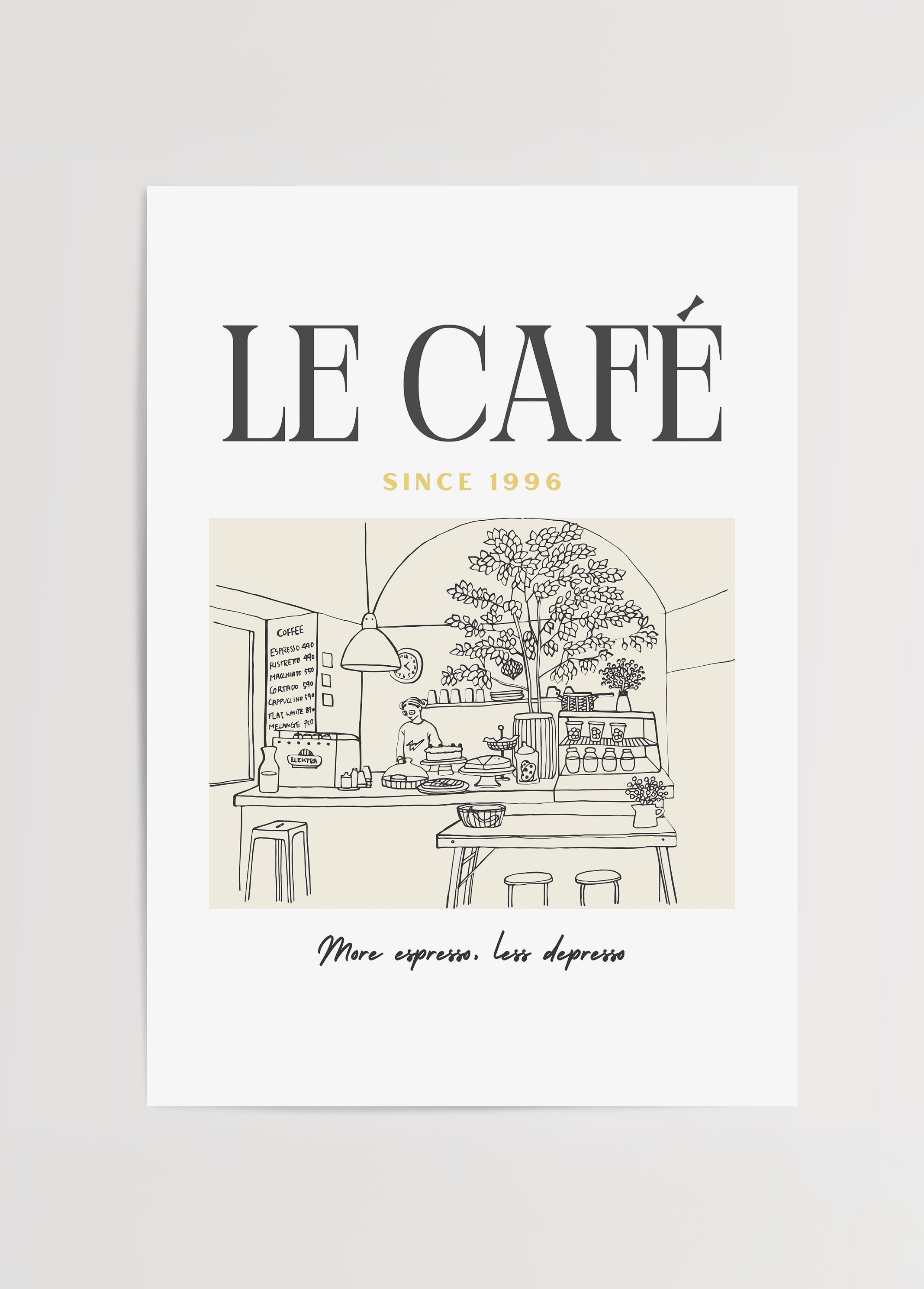 Minimalist line art of a café scene with elegant typography.